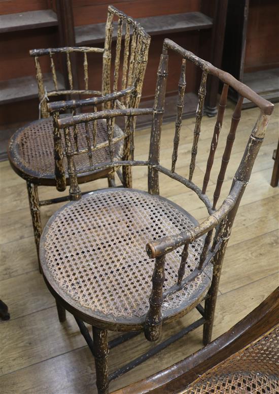 A William IV mahogany caned side chair and a pair of Regency simulated bamboo elbow chairs